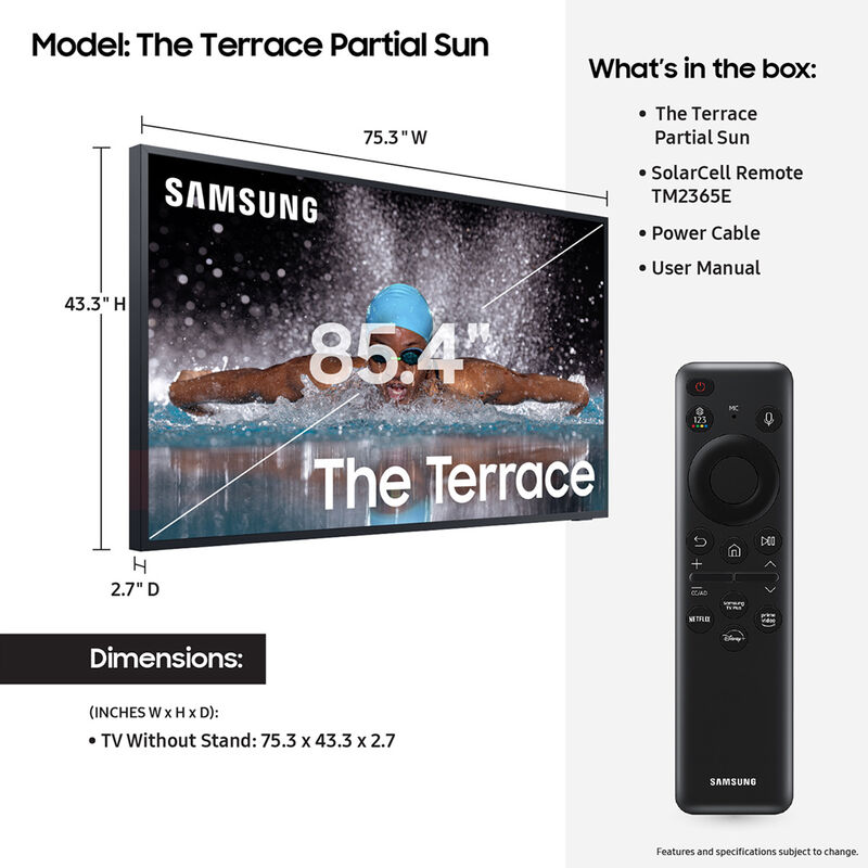 Samsung - The Terrace Partial Sun (LST7C) Series 85" Class Full Shade 4K UHD QLED Smart Tizen Outdoor TV, , hires