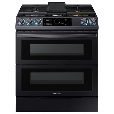 Samsung 30 in. 6.3 cu. ft. Smart Air Fry Convection Double Oven Slide-In Dual Fuel Range with 5 Sealed Burners & Griddle - Black with Stainless Steel | NY63T8751SG