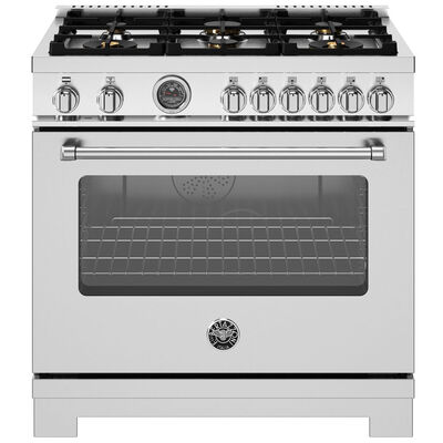 Bertazzoni Master Series 36 in. 5.7 cu. ft. Air Fry Convection Oven Freestanding Dual Fuel Range with 6 Sealed Burners & Griddle - Stainless Steel | MAS366BCEPTL