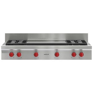 Wolf 48 in. 4-Burner Natural Gas Rangetop with Griddle & Power Burner - Stainless Steel, , hires