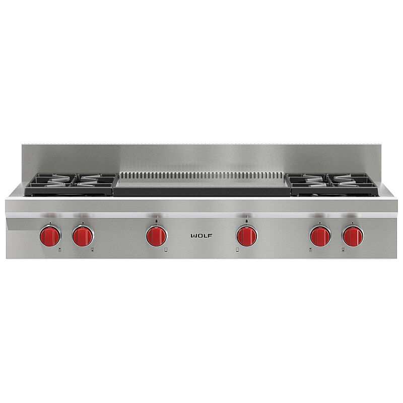 Wolf 48 in. 4-Burner Natural Gas Rangetop with Griddle & Power Burner - Stainless Steel, , hires