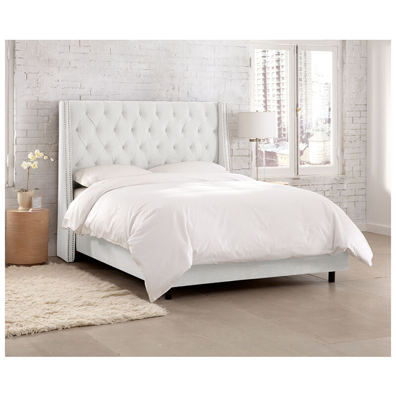 Skyline Furniture Nail Button Tufted Wingback King Size Bed in Velvet - White, White, hires