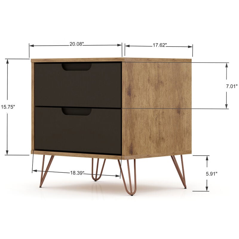 Manhattan Comfort Rockefeller Mid-Century Modern 2-Drawer Nightstand - Textured Gray, Gray, hires