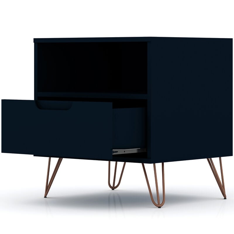 Manhattan Comfort Rockefeller Mid-Century Modern 1-Drawer Nightstand Tatiana Midnight Blue, Midnight Blue, hires