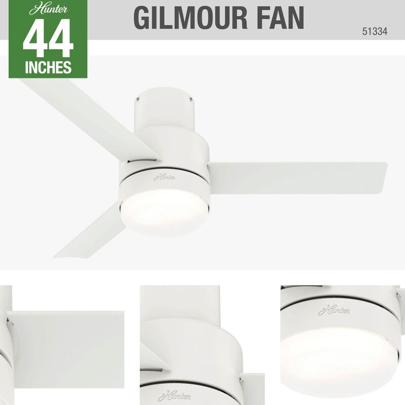 Hunter Casablanca 44 in. Gilmour Low Profile Damp Rated Ceiling Fan with LED Light Kit and Handheld Remote - Matte White, Matte White, hires