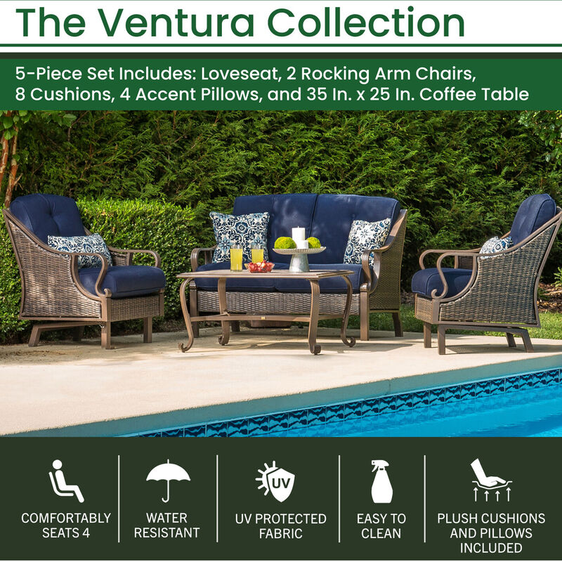 Hanover Ventura 4-Piece Patio Furniture Seating Set with Tile Top Coffee Table -Navy, , hires