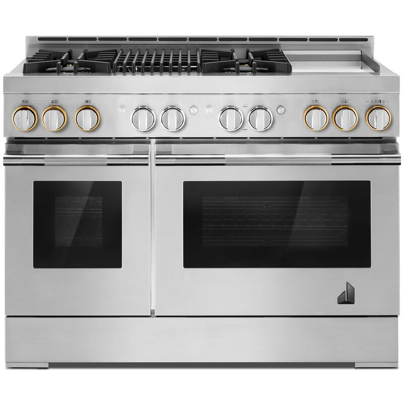 JennAir Rise Series 48 in. 6.3 cu. ft. Smart Convection Double Oven Freestanding Gas Range with 4 Sealed Burners, Grill & Griddle - Stainless Steel, , hires