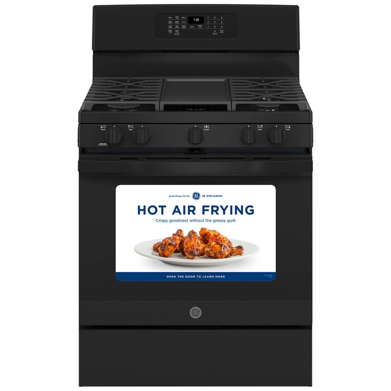 GE 30 in. 5.0 cu. ft. Air Fry Convection Oven Freestanding Gas Range with 5 Sealed Burners & Griddle - Black, Black, hires
