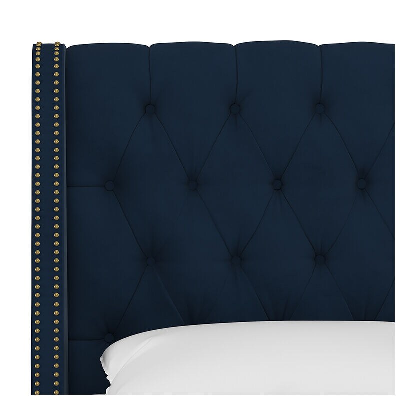 Skyline King Nail Button Tufted Wingback Headboard in Velvet - Ink, Blue, hires
