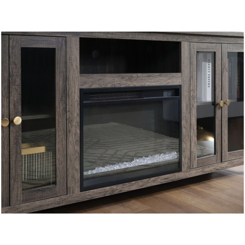 Lilola Ellington 70"W Gray Walnut Finish Fireplace TV Stand Console with Heater, LED Light, Cabinets, Shelves, , hires
