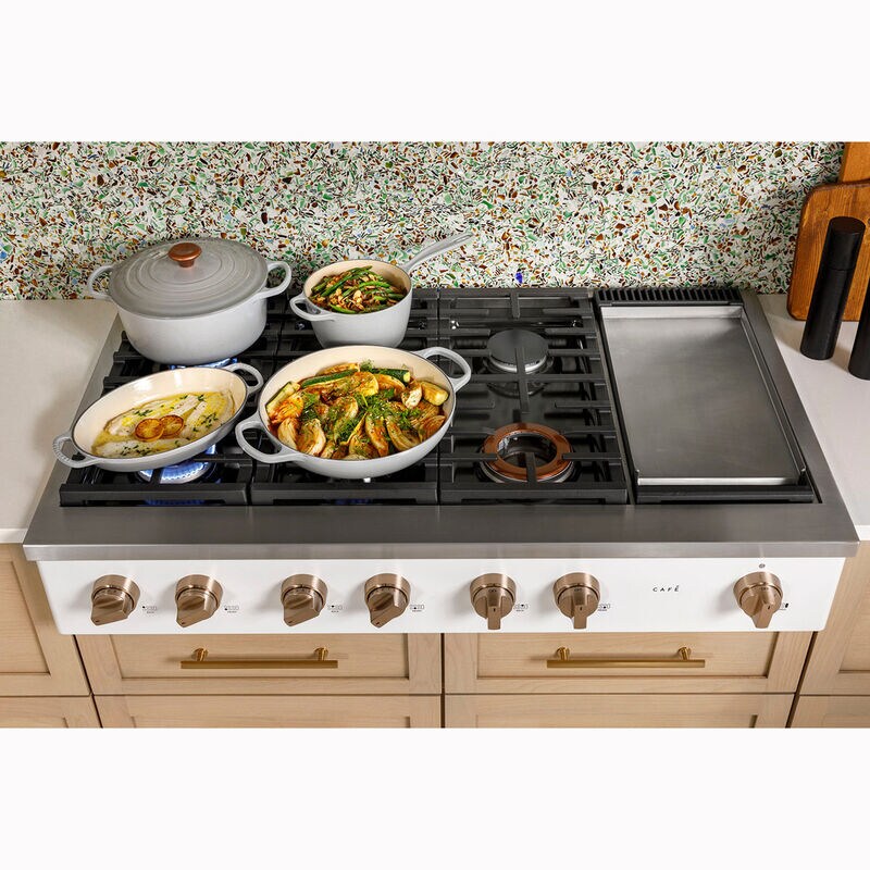 Cafe 48 in. 6-Burner Natural Gas Rangetop with Griddle, Simmer Burner & Power Burner - Matte White, Matte White, hires