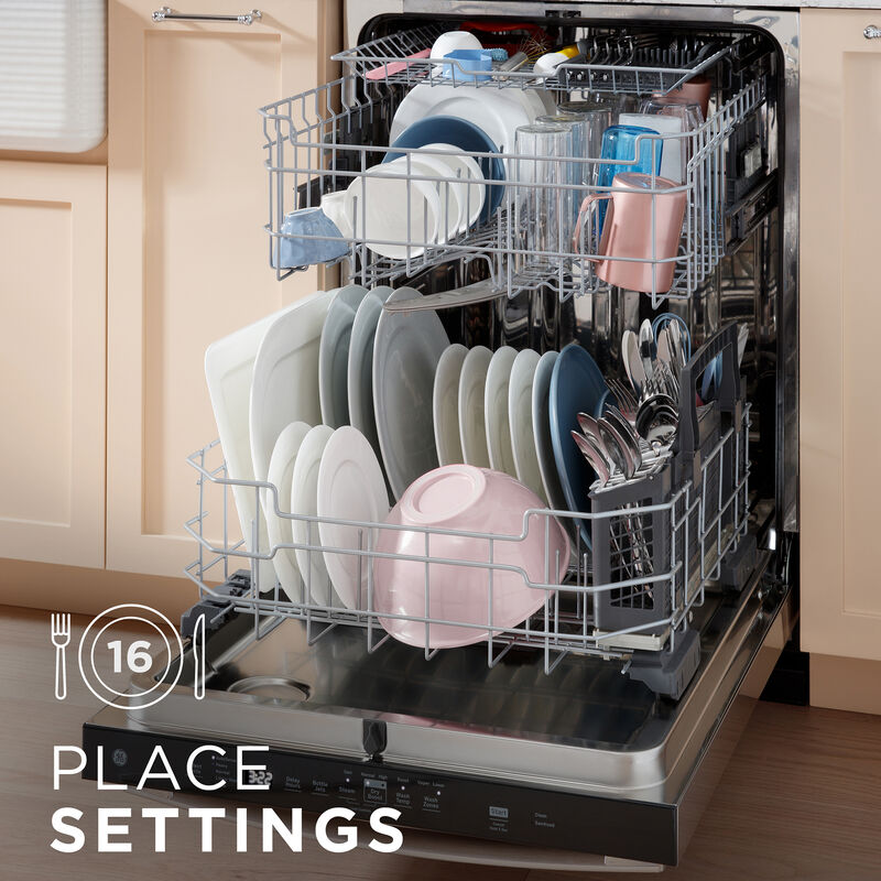 GE 24 in. Built-In Dishwasher with Top Control, 45 dBA Sound Level, 16 Place Settings, 5 Wash Cycles & Sanitize Cycle - Fingerprint Resistant Stainless Steel, Fingerprint Resistant Stainless, hires