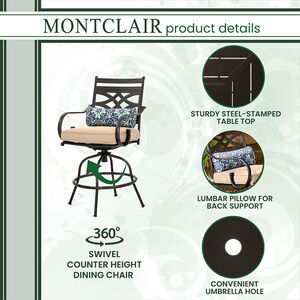 Hanover Montclair 3-Piece High-Dining Set in Tan with 2 Swivel Chairs and a 33" Square Table - Tan/Brown, , hires