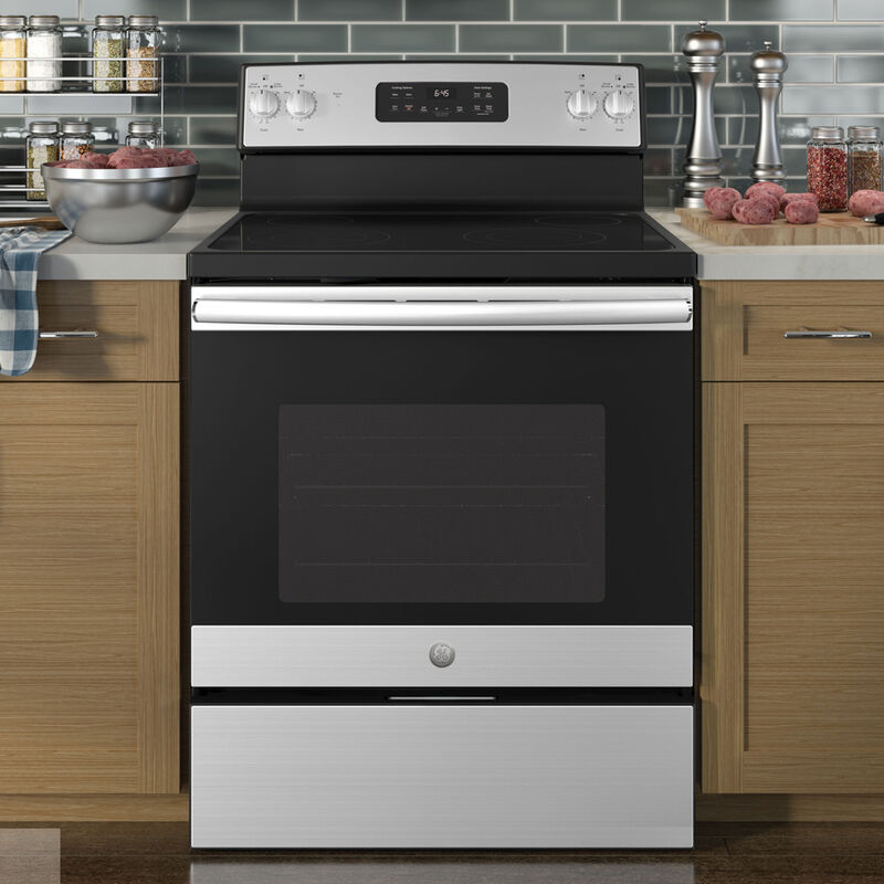 GE 30 in. 5.3 cu. ft. Oven Freestanding Electric Range with 4 Smoothtop Burners - Stainless Steel, Stainless Steel, hires