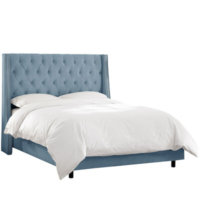 Skyline Queen Nail Button Tufted Wingback Bed in Velvet - Ocean | 122NBBEDPWVO