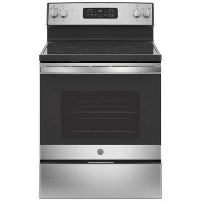 GE 30 in. 5.3 cu. ft. Oven Freestanding Electric Range with 4 Smoothtop Burners - Stainless Steel | JB645RKSS
