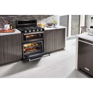 KitchenAid 30 in. 6 cu. ft. True European Convection Double Oven Gas Range with 5 Sealed Burners & Griddle - Black Stainless, , hires