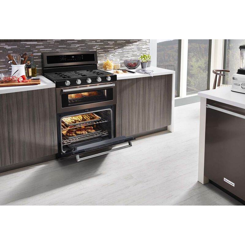 KitchenAid 30 in. 6 cu. ft. True European Convection Double Oven Gas Range with 5 Sealed Burners & Griddle - Black Stainless, , hires