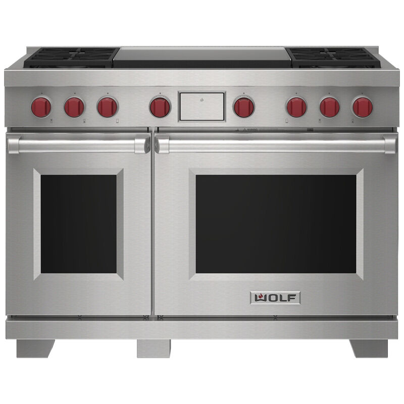 Wolf 48 in. 7.8 cu. ft. Smart Convection Double Oven Freestanding Dual Fuel Range with 4 Sealed Burners & Griddle - Stainless Steel, , hires