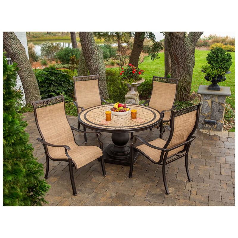 Hanover Monaco 5-Piece 51" Round Porcelain top Dining Set with Sling Back Chairs - Tan, , hires