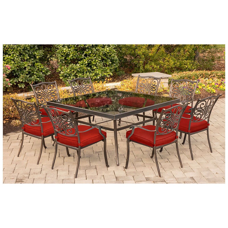 Hanover Traditions 9-Piece Dining Set in Red with 60 In. Square Glass-Top Dining Table, , hires