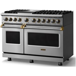 Viking 5 Series 48 in. 7.3 cu. ft. True European Convection Double Oven Dual Fuel Range with 6 Sealed Burners & Griddle - Stainless Steel - Natural Gas, Brushed Brass Trim Option, , hires