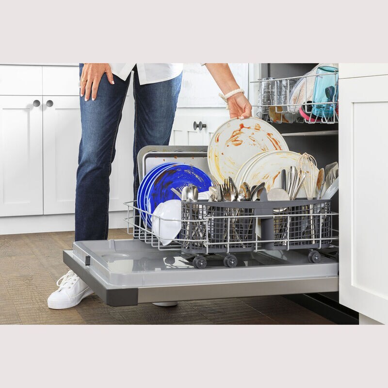 GE 24 in. Front Control Flush-Mount Dishwasher with 55 dBa Sound Level, Dry Boost & Pocket Handle - Stainless Steel, Stainless Steel, hires