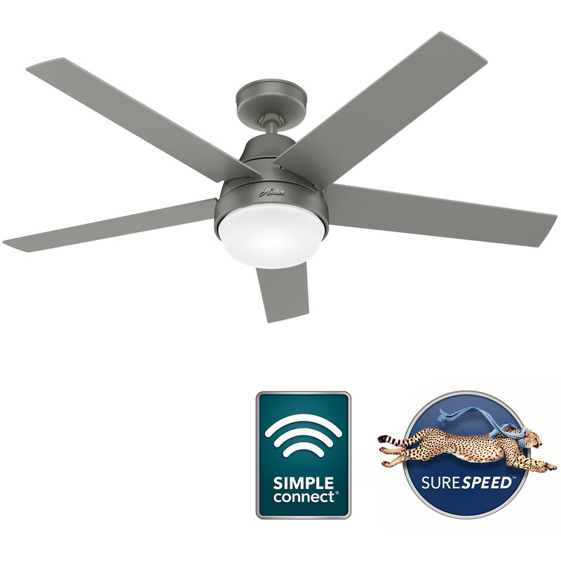 Hunter Aerodyne 52 in. WiFi Ceiling Fan with LED Light Kit and Remote - Matt Silver, Matt Silver, hires