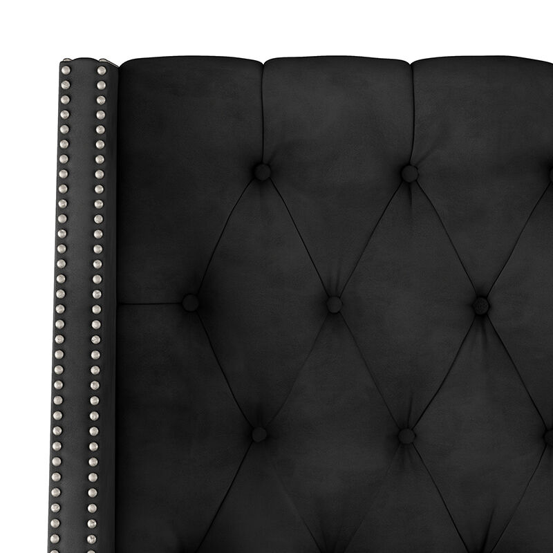 Skyline King Nail Button Tufted Wingback Headboard in Velvet - Black, Black, hires
