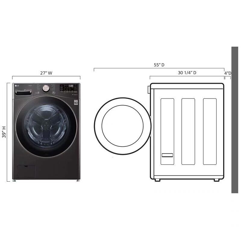 LG 27 in. 4.5 cu. ft. Smart Stackable Front Load Washer with Sanitize & Steam Wash Cycle - Black Steel, Black Steel, hires