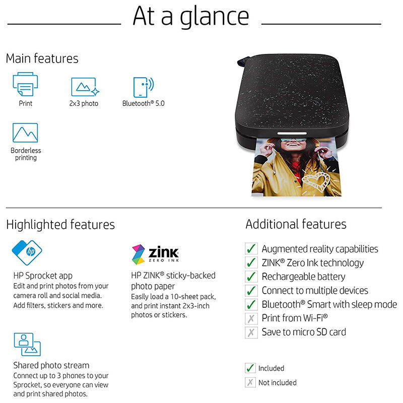 HP Sprocket 200 Noir (Black) Wireless Bluetooth Mobile Printer, , hires