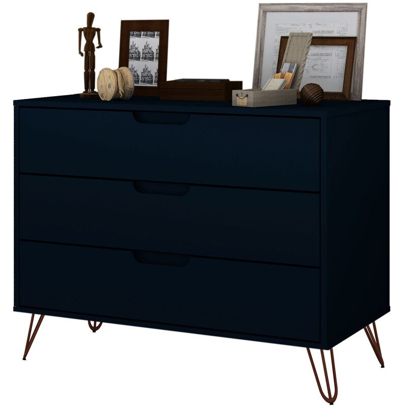 Manhattan Comfort Rockefeller Mid-Century Modern 3-Drawer Dresser - Tatiana Midnight Blue, Midnight Blue, hires