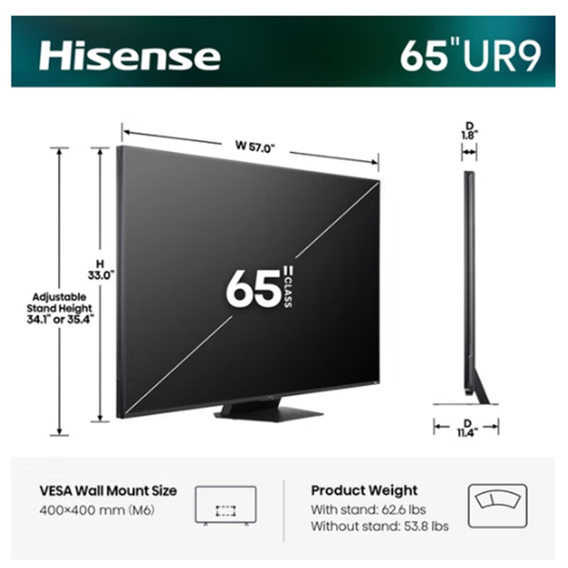 Hisense - 65" Class UR9 Series RGB Mini LED 4K UHD Smart Google TV, , hires
