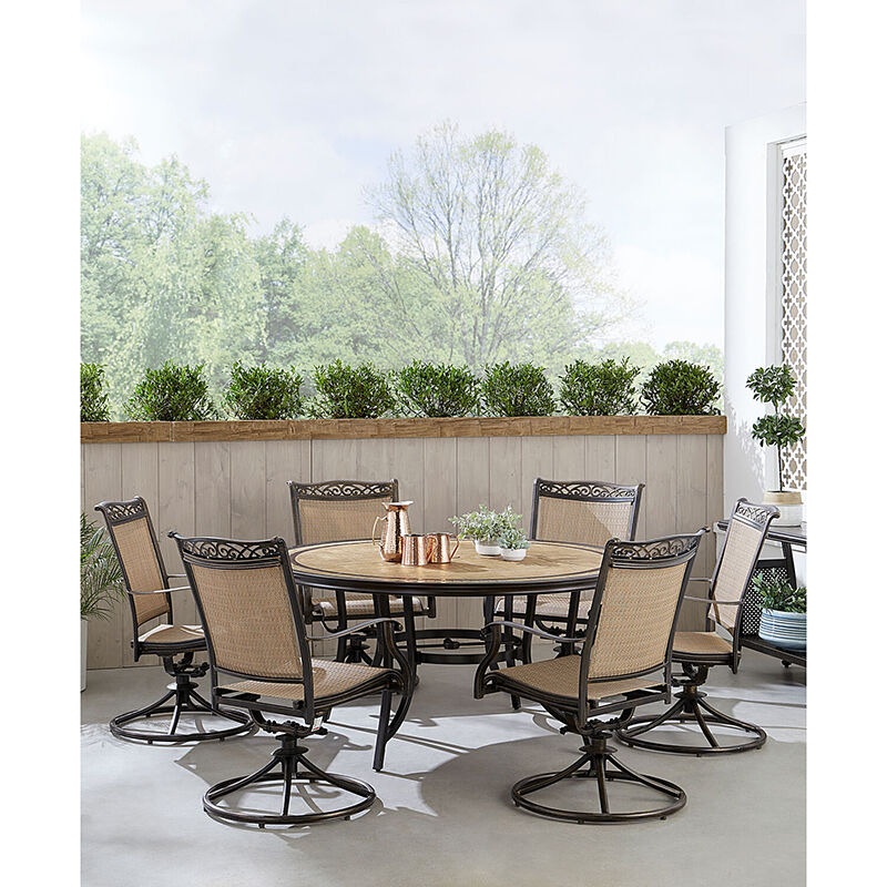 Hanover Fontana 7-Piece Outdoor Dining Set with 6 Sling Swivel Rockers and a Tile-Top Table, , hires