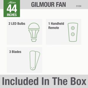 Hunter Casablanca 44 in. Gilmour Low Profile Damp Rated Ceiling Fan with LED Light Kit and Handheld Remote - Matte White, Matte White, hires