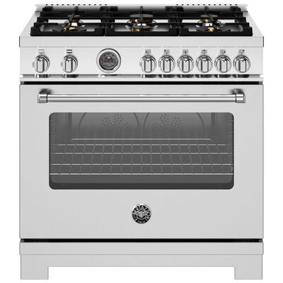 Bertazzoni Master Series 36 in. 5.9 cu. ft. Convection Oven Freestanding Natural Gas Range with 6 Sealed Burners & Griddle - Stainless Steel | MAS366BCGMXT