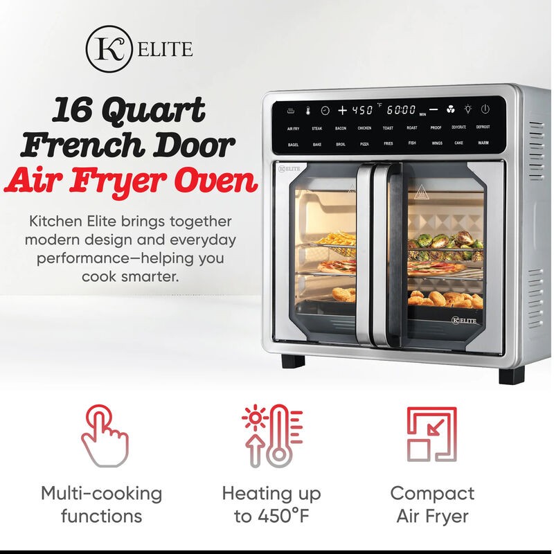 Kitchen Elite 16 Quart French Door Air Fryer Oven Countertop Convection Cooker with LED Display - Stainless Steel, , hires
