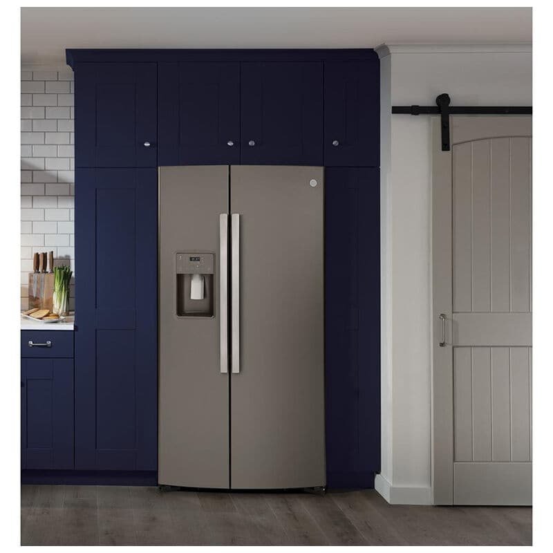 GE 36 in. 21.8 cu. ft. Counter Depth Side by Side Refrigerator with Ice & Water Dispenser - Fingerprint Resistant Slate, Slate, hires