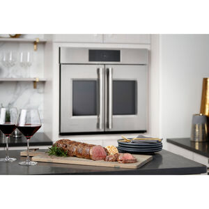 Monogram Statement Series 30" 10.0 Cu. Ft. Electric Smart Double French Door Wall Oven with True European Convection & Self Clean - Stainless Steel, , hires