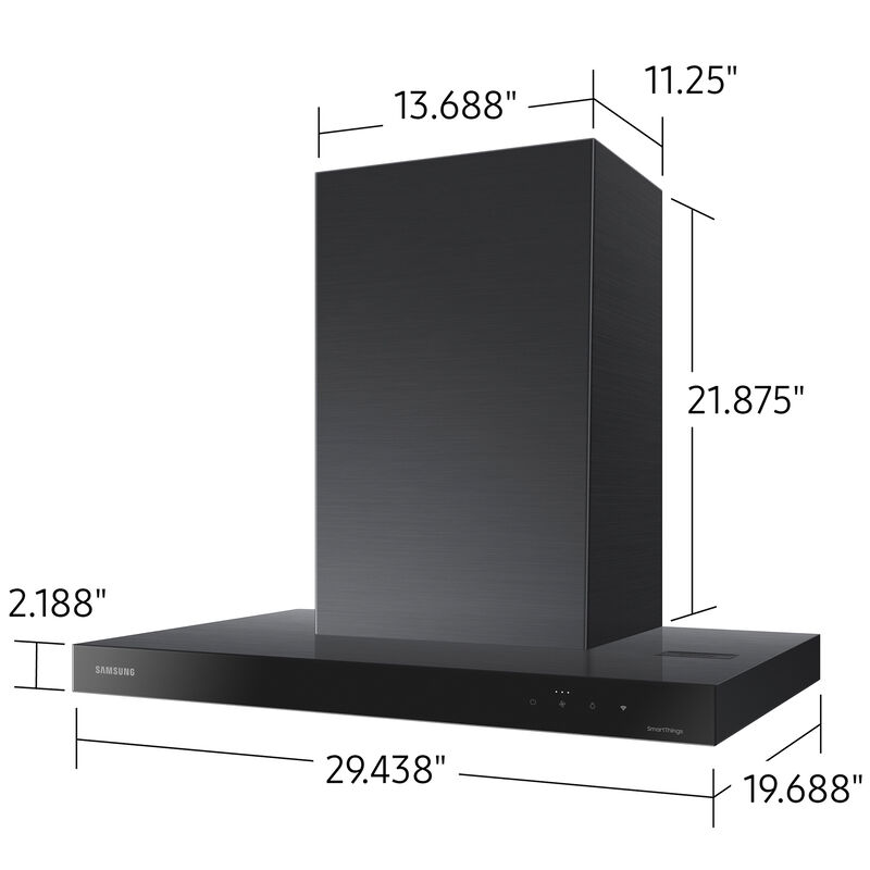 Samsung 30 in. Chimney Style Smart Range Hood with 4 Speed Settings, 630 CFM & 1 LED Light - Clean Deep Charcoal, , hires