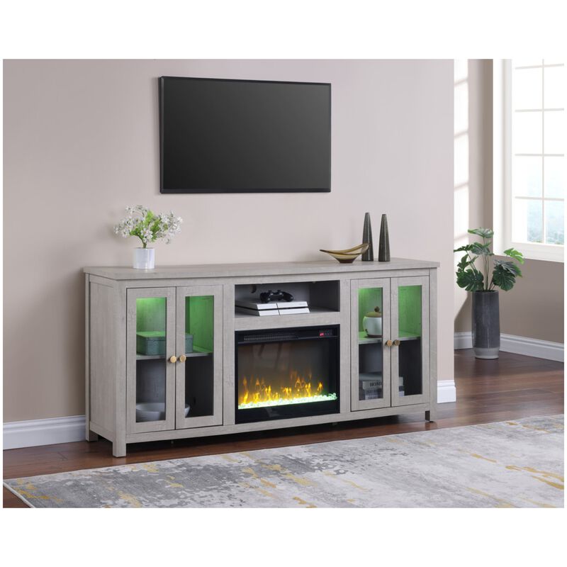 Lilola Ellington 70"W Light Gray Finish Fireplace TV Stand Console with Heater, LED Light, Cabinets, Shelves, , hires