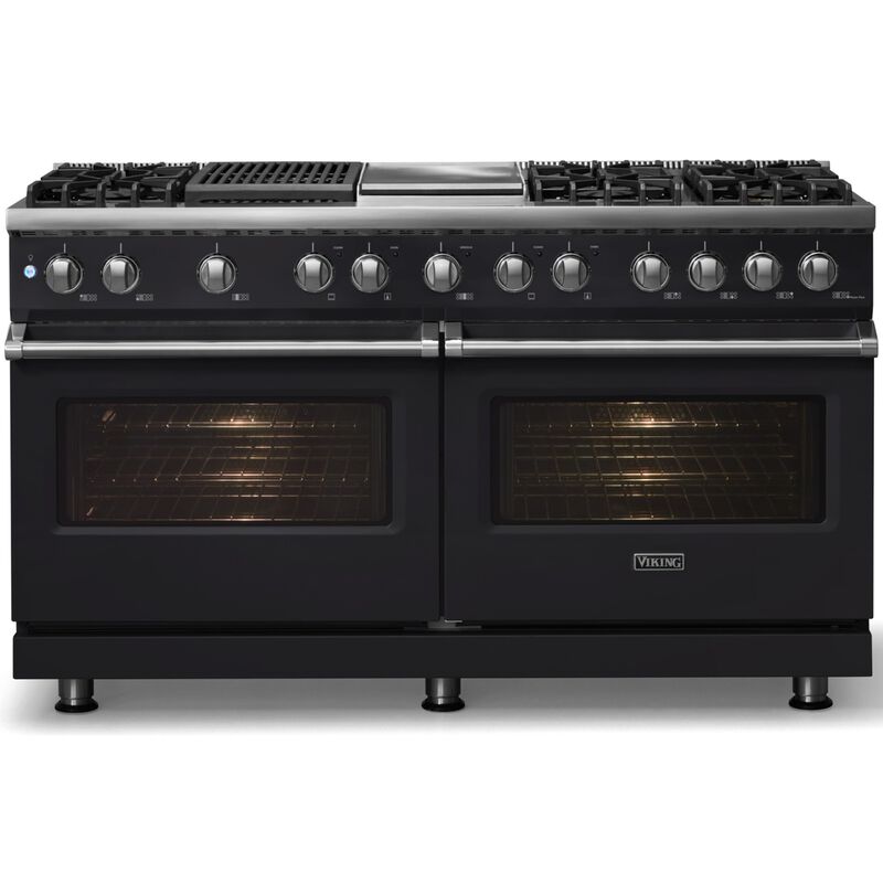 Viking 5 Series 60 in. 9.4 cu. ft. True European Convection Double Oven Dual Fuel Range with 6 Sealed Burners, Grill & Griddle - Onyx - Liquid Propane, Polished Chrome Trim Option, , hires