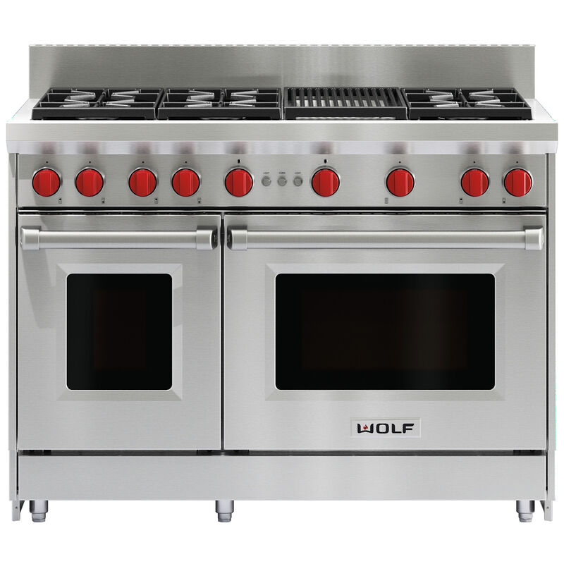 Wolf 48 in. 6.9 cu. ft. Double Oven Freestanding Gas Range with 6 Sealed Burners - Stainless Steel, , hires