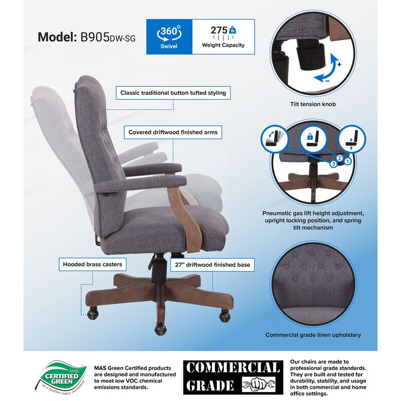 Boss Executive Chair With Driftwood Finish Frame - Grey Linen, Gray, hires