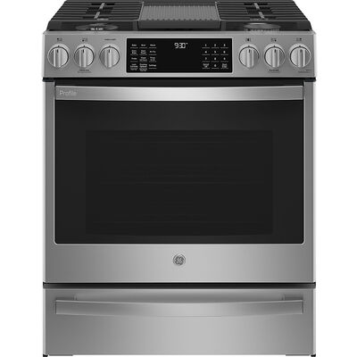 GE Profile 30" Slide-In Gas Range with 5 Sealed Burners, Grill, Griddle, 5.6 Cu. Ft. Single Oven & Storage Drawer - Stainless Steel | PGS930YPFS