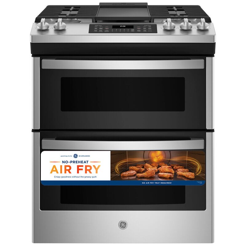 GE 30 in. 6.7 cu. ft. Air Fry True European Convection Double Oven Slide-In Gas Range with 5 Sealed Burners & Griddle - Stainless Steel, , hires