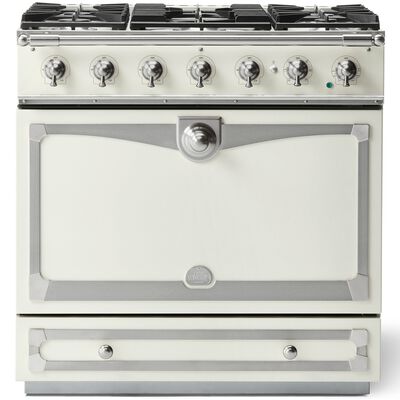 La Cornue Cornufe Series 36 in. 3.8 cu. ft. Dual Convection Dual Fuel Range with 5 Sealed Burners - Pure White - Stainless Steel Trim with Satin Chrome Accents | C9WN