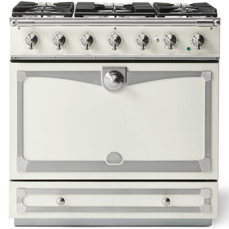 La Cornue Cornufe Series 36 in. 3.8 cu. ft. Dual Convection Dual Fuel Range with 5 Sealed Burners - Pure White - Stainless Steel Trim with Satin Chrome Accents, , hires