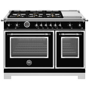 Bertazzoni Heritage Series 48 in. 7.1 cu. ft. Dual Convection Double Oven Gas Range with 6 Sealed Burners & Griddle - Matte Black, Matte Black, hires