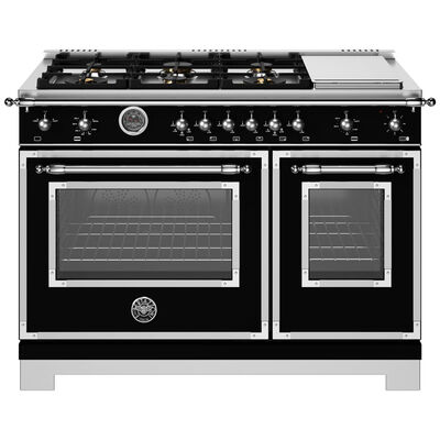 Bertazzoni Heritage Series 48 in. 7.1 cu. ft. Convection Double Oven Freestanding Natural Gas Range with 6 Sealed Burners & Griddle - Matte Black | HE486BTGMNET